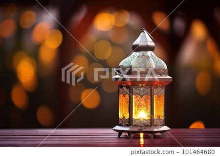 An elegant table set with lanterns and candles creates a warm and inviting atmosphere for the Muslim holiday of Eid al-Fitr. Ai Generative 101464680