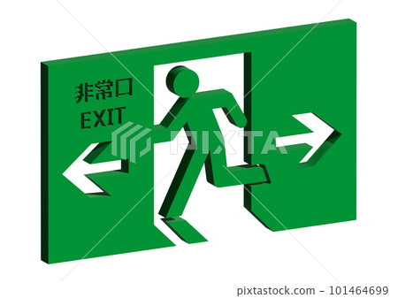 緊急出口標記 逼真的三維 3D 緊急出口引導燈插圖,人員面向左、左、右箭頭 緊急出口標記 逼真的三維 3D 緊急出口引導燈插圖,人員面向左、左、右箭頭 101464699