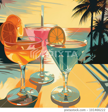 Tropical cocktails on beach with colorful sea sunset background. Watercolor pop art style illustration. Generative AI Tropical cocktails on beach with colorful sea sunset background. Watercolor pop art style illustration. Generative AI 101466222