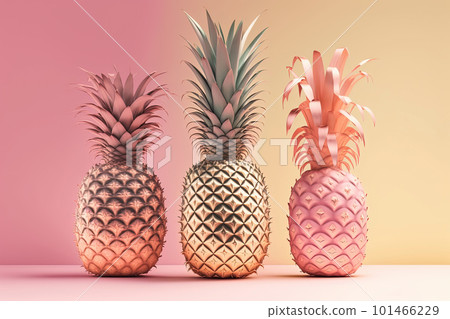 Three ananas in pastel colors on pink background. Pop art modern style, Generative AI Three ananas in pastel colors on pink background. Pop art modern style, Generative AI 101466229
