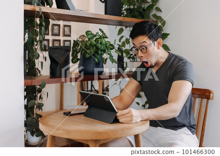 Wow and surprise face of freelance man working in the cafe. 101466300