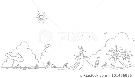 人們享受夏天的海水和海水浴 線條畫的風景 101466956