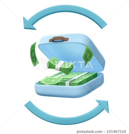 3d pile dollar banknote in blue suitcase isolated. transfer arrows, cashback, saving money wealth business, cashback money refund concept, 3d render illustration 3d pile dollar banknote in blue suitcase isolated. transfer arrows, cashback, saving money wealth business, cashback money refund concept, 3d render illustration 101467228