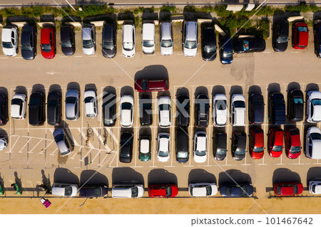 Top view of wide road with markings and lots of cars at day 101467642