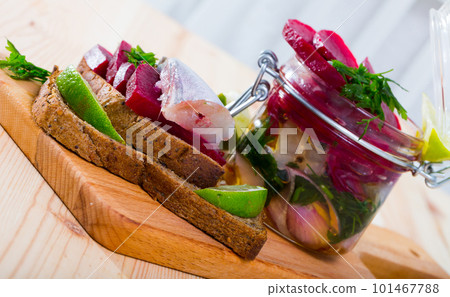 Homemade pickled poutassou with beets 101467788