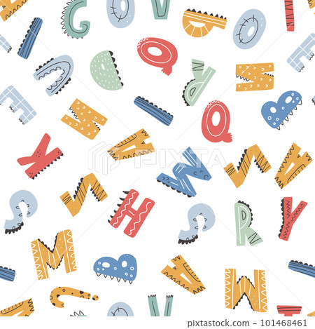 ABC seamless pattern in simple cartoon style. Cute dinosaur alphabet print - hand drawn childish seamless pattern design. ABC seamless pattern in simple cartoon style. Cute dinosaur alphabet print - hand drawn childish seamless pattern design. 101468461