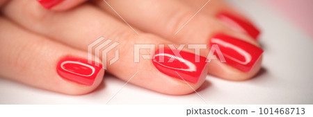 Woman hands with perfect bright red glossy manicure 101468713