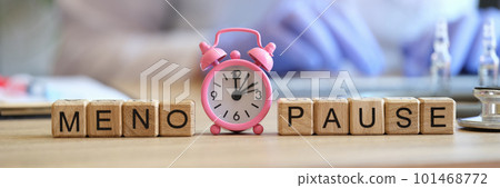 Word menopause collected of wooden cubes in raw and pink alarm-clock Word menopause collected of wooden cubes in raw and pink alarm-clock 101468772