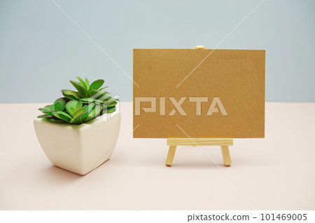Empty card mockup with artificial plant on blue and pink background Empty card mockup with artificial plant on blue and pink background 101469005