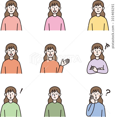 Illustration set of a young woman with various expressions Illustration set of a young woman with various expressions 101469291