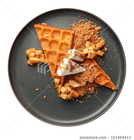 Waffles with ice cream and babanas in caramel Waffles with ice cream and babanas in caramel 101469413