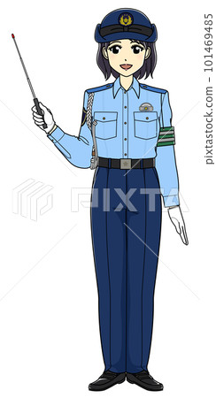 A female police officer in summer clothes with a pointing stick (whole body, smile) A female police officer in summer clothes with a pointing stick (whole body, smile) 101469485