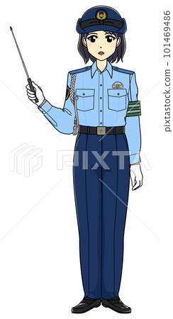 A female police officer in summer clothes with a pointing stick (whole body, serious) A female police officer in summer clothes with a pointing stick (whole body, serious) 101469486