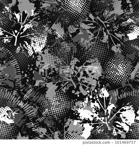 Abstract monochrome gray camouflage pattern with splattered paint, paint brush strokes, leaves, halftone shapes. Dense chaotic composition For apparel, fabric, textile, sport goods Grunge texture Abstract monochrome gray camouflage pattern with splattered paint, paint brush strokes, leaves, halftone shapes. Dense chaotic composition For apparel, fabric, textile, sport goods Grunge texture 101469757