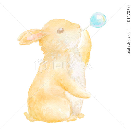 Watercolor illustration of a brown baby rabbit blowing soap bubbles. Watercolor illustration of a brown baby rabbit blowing soap bubbles. 101470255