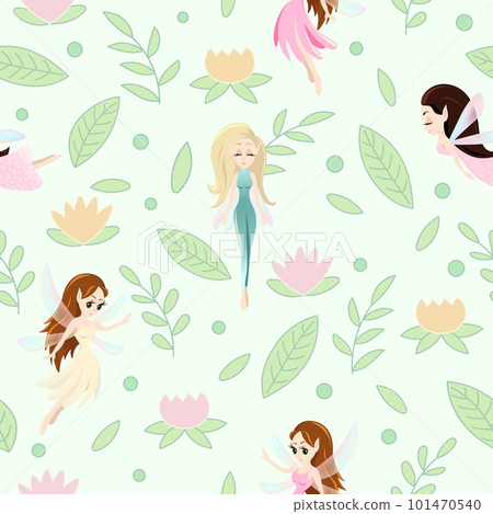 Vector seamless pattern with cute little fairy tale girls, mythical creatures Vector seamless pattern with cute little fairy tale girls, mythical creatures 101470540