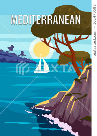 Mediterranean Poster, landscape sea vacation Europe. Mountaines, trees, harbor, sailboat, sunset. Travel holiday summer voyage. Vintage style vector illustration Mediterranean Poster, landscape sea vacation Europe. Mountaines, trees, harbor, sailboat, sunset. Travel holiday summer voyage. Vintage style vector illustration 101470598