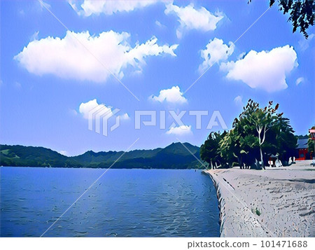 Blue sky and blue lake paint 101471688