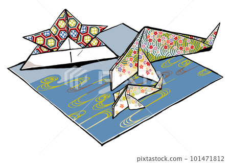A helmet made of chiyogami pattern origami with running water pattern origami on the mount, a large carp and a small carp, brushed and matte A helmet made of chiyogami pattern origami with running water pattern origami on the mount, a large carp and a small carp, brushed and matte 101471812