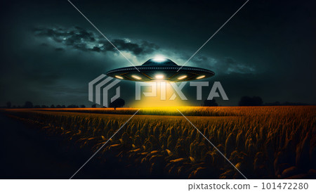 UFO saucer hovering over corn field at starry night with wide beam of light underneath, neural network generated art 101472280