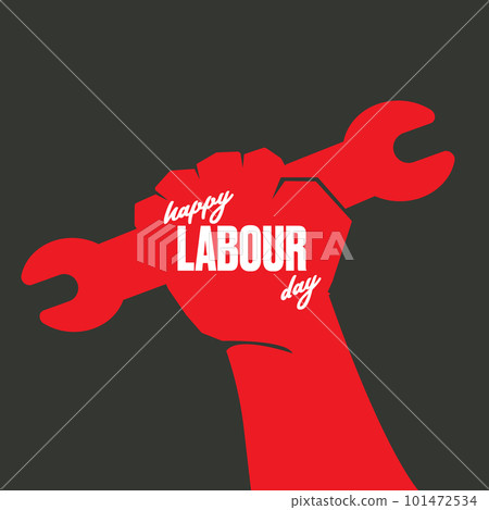 Vector silhouette of red clenched fist holding wrench isolated on grey background. Labour day and international workers day poster, label, greeting card with hand. 1 may logo design template Vector silhouette of red clenched fist holding wrench isolated on grey background. Labour day and international workers day poster, label, greeting card with hand. 1 may logo design template 101472534