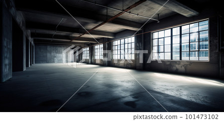 Interior of empty abandoned industrial or storage building or parking with tracks of vandalism, AI generative image 101473102
