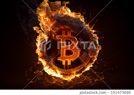 Burning in fire golden bitcoin on black background, Bitcoin coin in flames, burn cryptocurrency bit coin money, crash and blockchain bubble, Generative AI Burning in fire golden bitcoin on black background, Bitcoin coin in flames, burn cryptocurrency bit coin money, crash and blockchain bubble, Generative AI 101473680