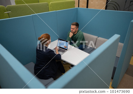 Caucasian woman and bearded man at the talks in the room. Job interview. 101473690