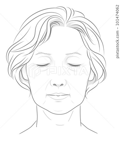 Line drawing illustration of a senior woman's face with closed eyes 101474062