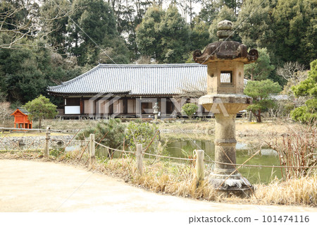 Stone lanterns and main hall in front of the three-storied pagoda of Joruriji Temple 101474116
