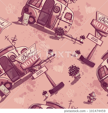Vector texture illustration trailer motel in a pink color Vector texture illustration trailer motel in a pink color 101474459