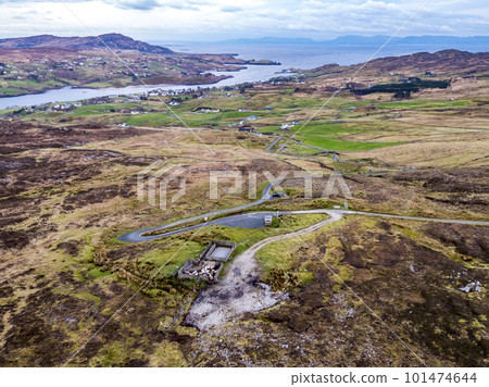 Aerial view of the Pilgrims Path up to the Slieve League cliffs in County Donegal, Ireland 101474644