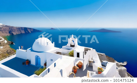 The idyllic blue and white belfries of Santorini Island, Greece. Generative AI. The idyllic blue and white belfries of Santorini Island, Greece. Generative AI. 101475124