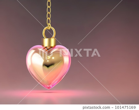 A gold chain is hung with a perfume bottle in the shape of a heart. Generative AI. 101475169