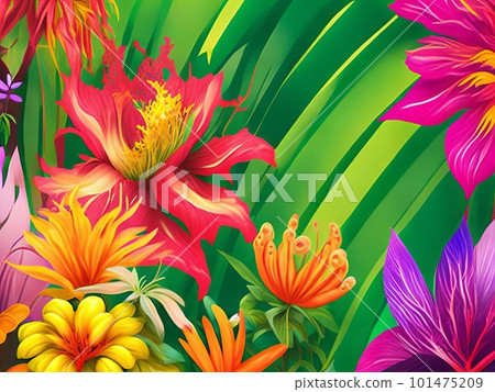 Tropical plants and flowers are featured in a colorful, brilliant flowery background. Generative AI. Tropical plants and flowers are featured in a colorful, brilliant flowery background. Generative AI. 101475209