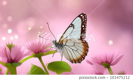 Warm Sunlight with Pink Flowers and Butterfly Dancing against Background of Soft Sunlight. Generative AI. Warm Sunlight with Pink Flowers and Butterfly Dancing against Background of Soft Sunlight. Generative AI. 101475212