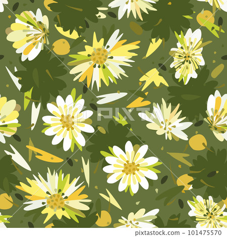 Vector seamless floral pattern with white and yellow flowers with leathes and petals on green background.  101475570