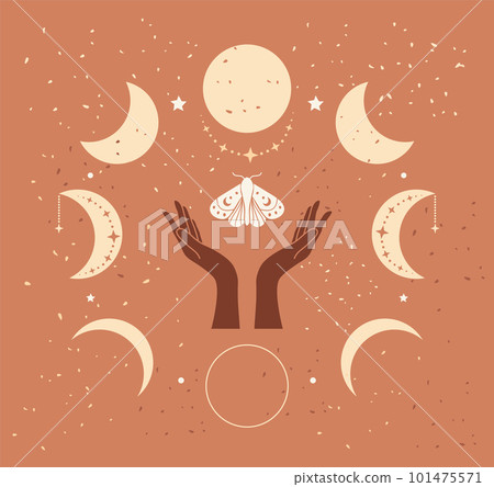 Drawn vector abstract stock flat graphic illustration with exotic logo elements ,human line hand, butterfly, magic moon phase art in simple style for branding ,isolated on beige background 101475571