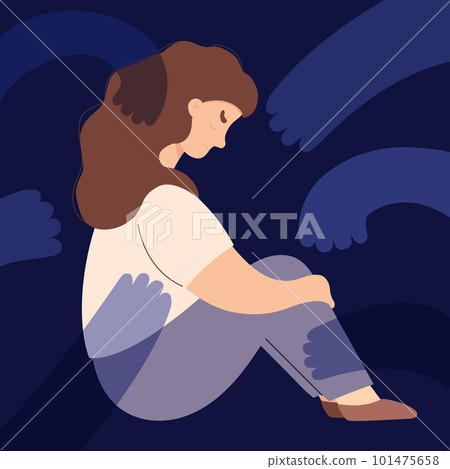 Sad lonely unhappy girl sits and hugs her knees from fear. Scary around arm. Concept of person woman trapped in bottom due to stress and depression. Vector illustration in flat style Sad lonely unhappy girl sits and hugs her knees from fear. Scary around arm. Concept of person woman trapped in bottom due to stress and depression. Vector illustration in flat style 101475658