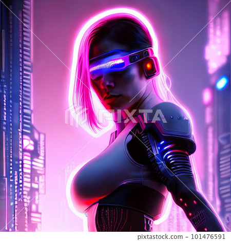 Beautiful cyberpunk woman in neon light. AI Beautiful cyberpunk woman in neon light. AI 101476591