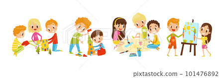 Kids Engaged in Handicraft Doing Handmade Creative Things Vector Set Kids Engaged in Handicraft Doing Handmade Creative Things Vector Set 101476892