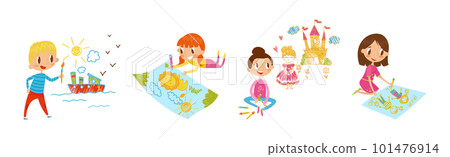Smiling Girl and Boy Drawing on the Wall and Paper Vector Set Smiling Girl and Boy Drawing on the Wall and Paper Vector Set 101476914
