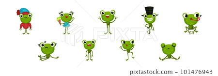 Funny Green Frog with Protruding Eyes Engaged in Different Activities Vector Set 101476943