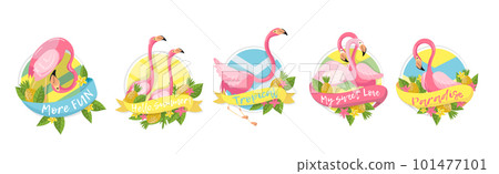 Round Badges with Exotic Pink Flamingo, Pineapple and Leaves Vector Set Round Badges with Exotic Pink Flamingo, Pineapple and Leaves Vector Set 101477101