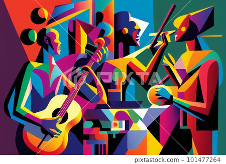 Illustration of abstract musician play music on big concert Created with Generative AI technology. 101477264