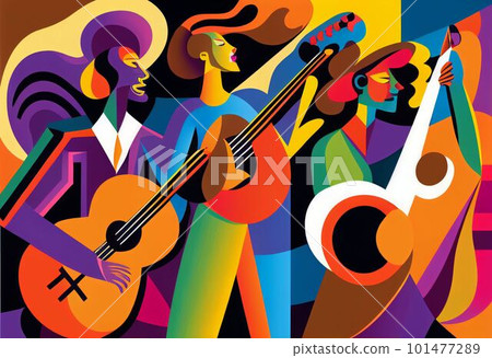 Illustration of abstract musician play music on big concert Created with Generative AI technology. 101477289