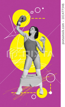 Contemporary art collage with beautiful sporty girl wearing boxer gloves demonstrating her strength over violet background. Female boxing Contemporary art collage with beautiful sporty girl wearing boxer gloves demonstrating her strength over violet background. Female boxing 101477346