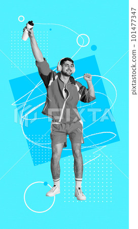 Contemporary art collage with sporty man, guy wearing sport clothes and listening music during training over blue background. Morning running, jogging Contemporary art collage with sporty man, guy wearing sport clothes and listening music during training over blue background. Morning running, jogging 101477347