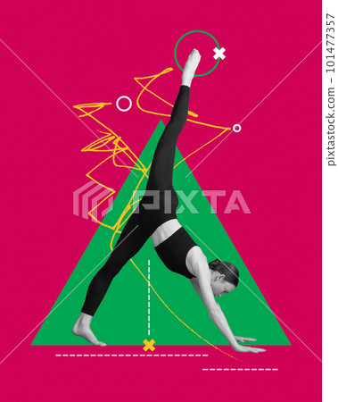 Contemporary art collage with adorable sporty girl doing exercises over pink background. Pilates, yoga training 101477357