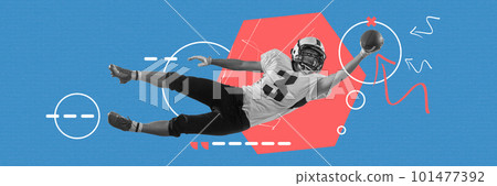 Contemporary art collage with american football player in sports uniform and protective equipment training with ball over blue background with drawings. Banner Contemporary art collage with american football player in sports uniform and protective equipment training with ball over blue background with drawings. Banner 101477392